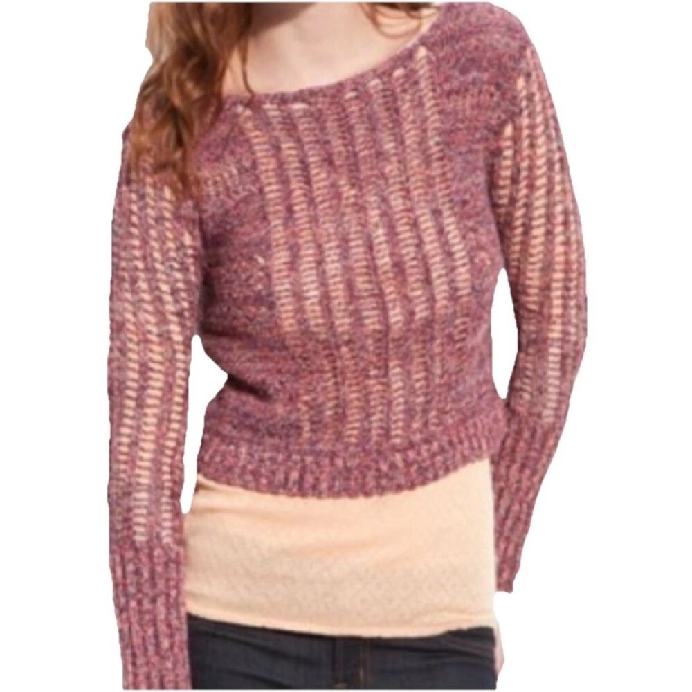 FREE PEOPLE Pink/Purple Open Knit Goccia Long Sleeve Cropped Sweater Sz S